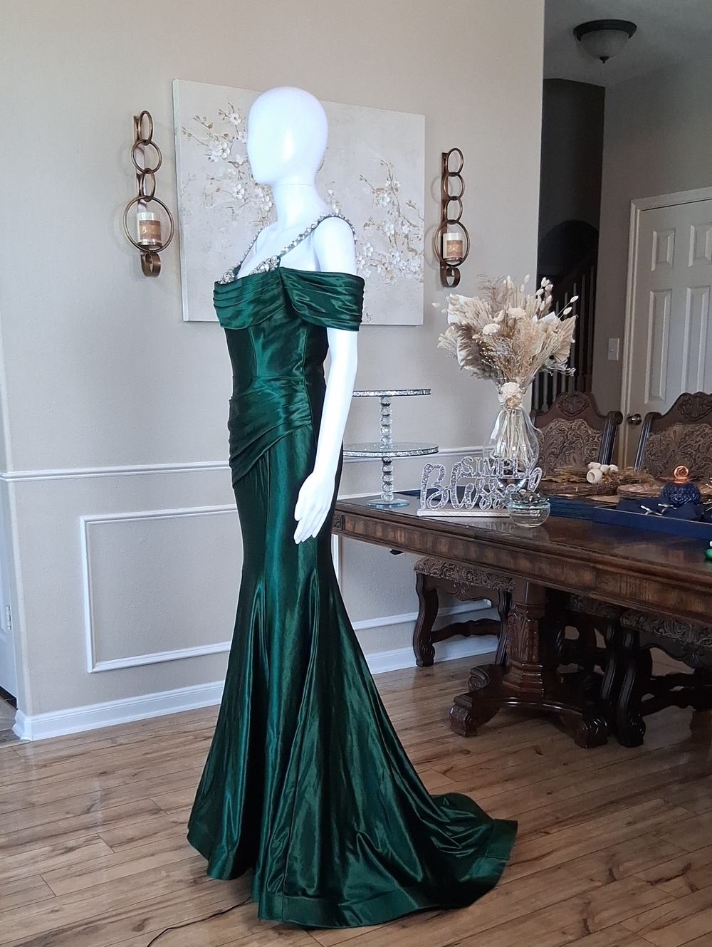 Women's Formal Glam Green Cowl Neck Sweep Train Gown Crystals Straps Small - Picture 7 of 16